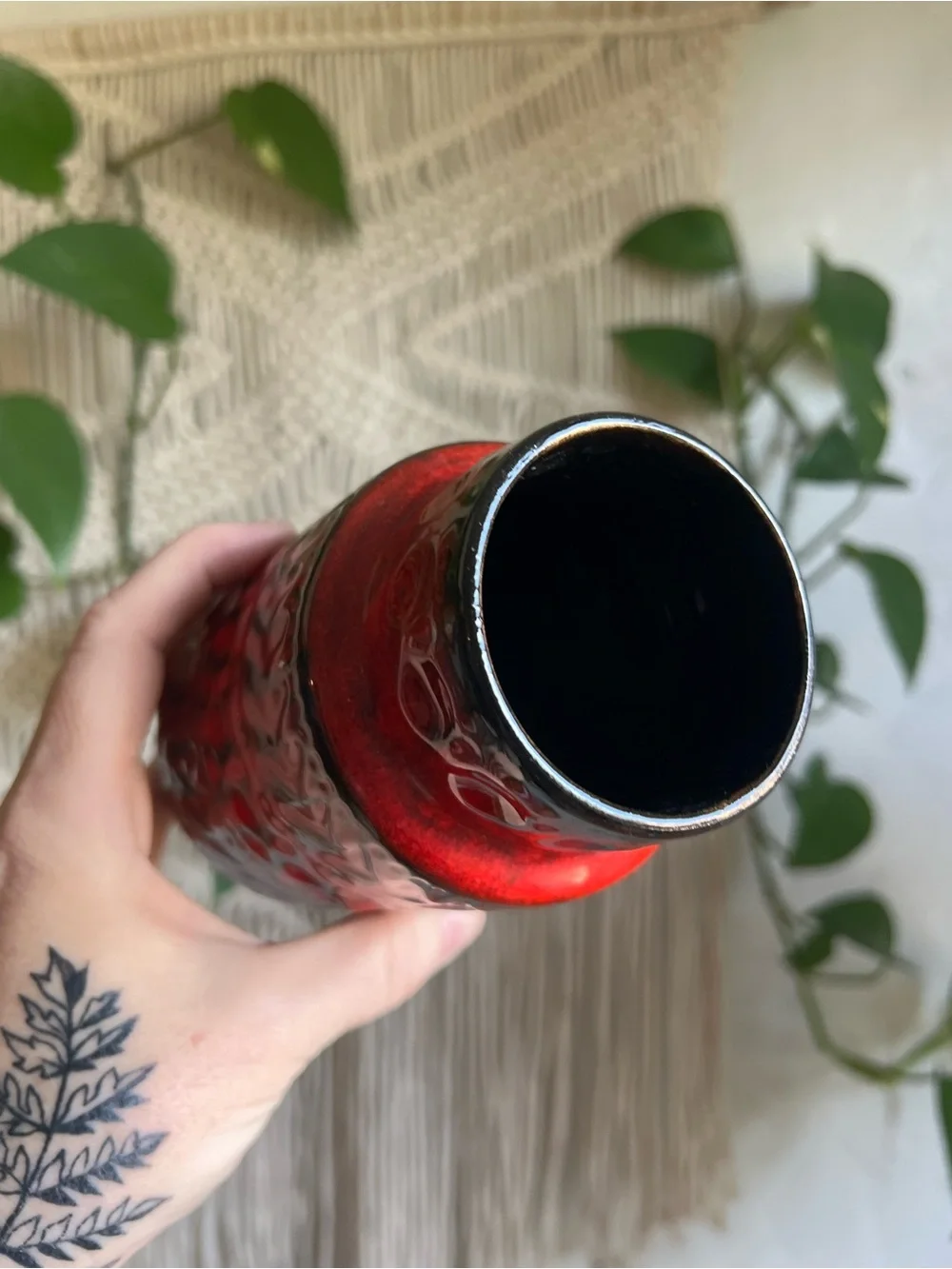 Vintage West Germany Red Lava Vase Mid Century Modern Pottery Fat Lava Ceramic